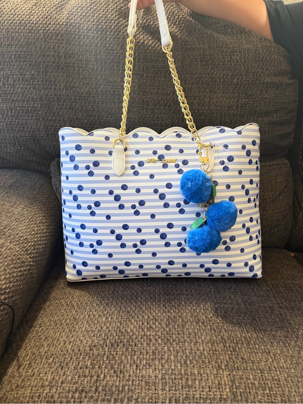 Betsey Johnson XOTOTE blueberry Large Tote Bag Zip Gold Chain Charm Lined 🆕